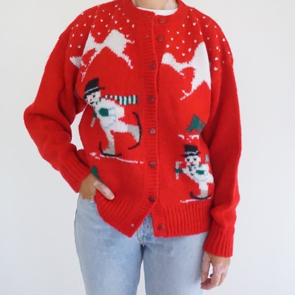 VTG Windcrest Red Hand Knit Snowman Ski Winter Holiday Cardigan Wool Blend M